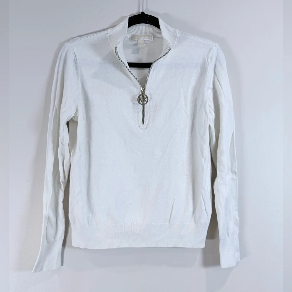 🔥Michael Kors White Half-Zip Pullover Sweater with Logo Pull Size M EC🔥